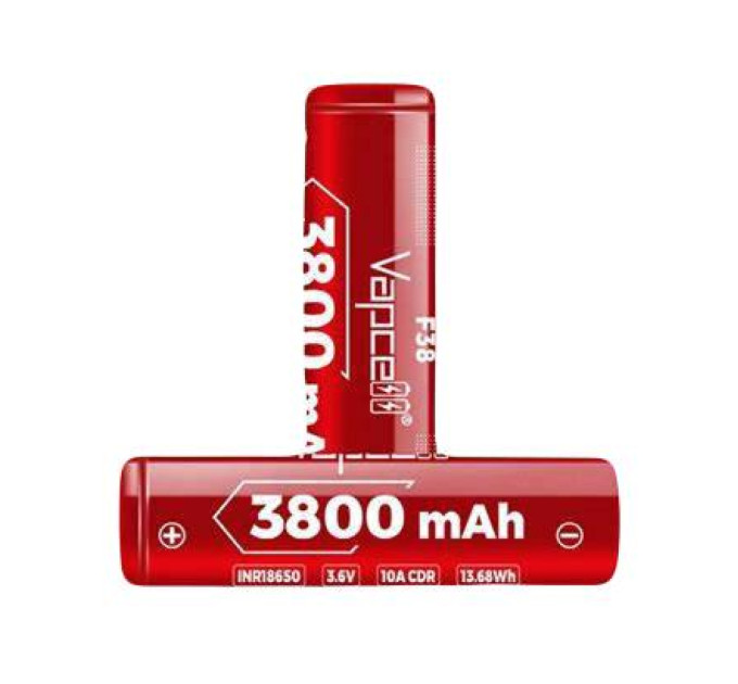 Акумулятор без захисту VapCell INR18650 F38 3800 mAh Red, Li-ion, високострумовий  (10А), високоємний.