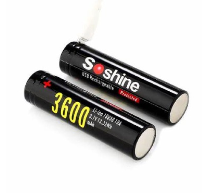 Акумулятор із захистом та вбудованим micro-USB портом для заряджання 18650 Soshine USB,  високою ємністю 3600 mAh, 3.7В
