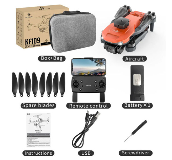 Квадрокоптер KF102 з GPS, камера 4К з 2-х осьовою стабілізацією, БК мотори, час польоту до 25 хв, радіус дії до 1200 м + кейс Orange